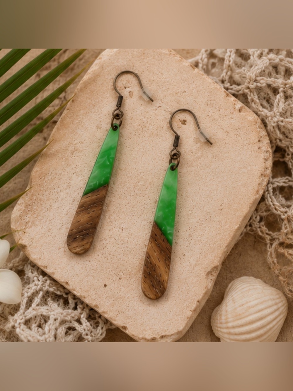 Hand Crafted Green Resin and Wood Teardrop Earrings